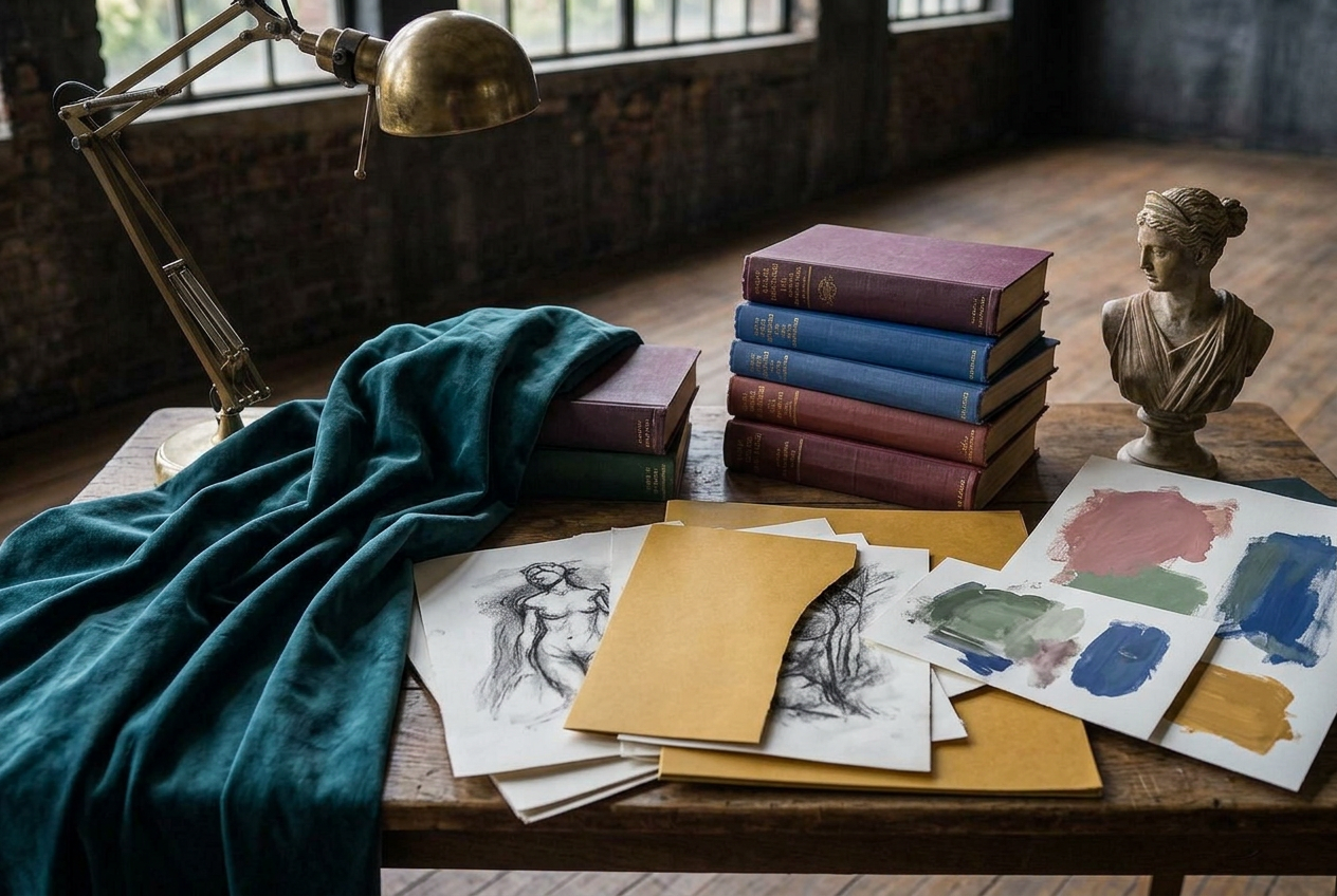 Moody artist’s studio with vintage books, charcoal sketches, a brass lamp, and a sculptural bust